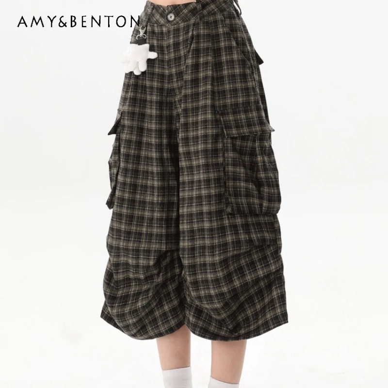 

American Retro Plaid Design Women's Cargo Shorts 2025 Summer New Sweet Cool Big Pocket Zipper Trend Loose Capri Pants Ladies