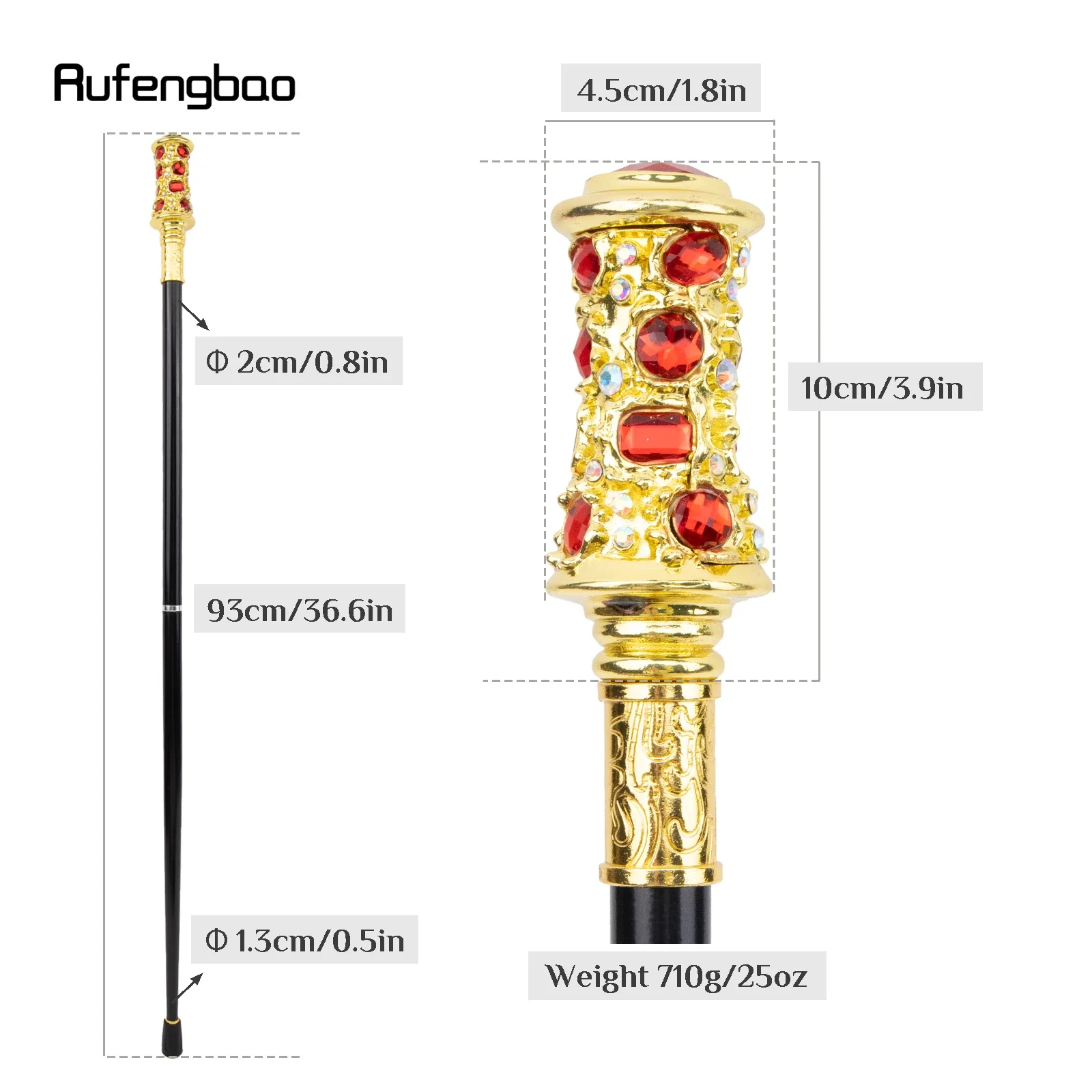 Golden Red Artificial Diamond Walking Cane Fashion Decorative Walking Stick Gentleman Elegant Cosplay Cane Knob Crosier 93cm