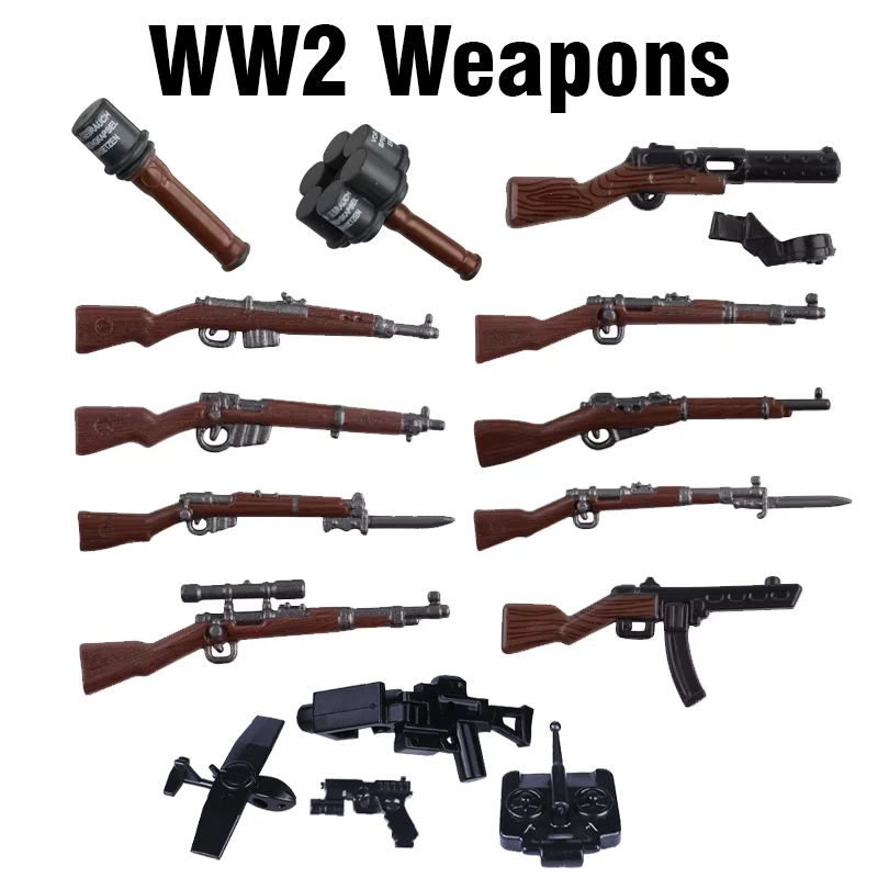 WW2 Military Accessories Wood Grain Guns Building Blocks Germany Soviet British Soldier Weapon Parts Rifle 98k Mini Bricks Toys