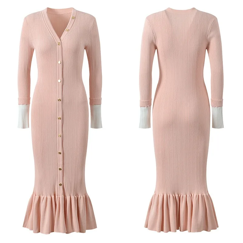 Vrouwen elegante gebreide jurk lente herfst sexy v-hals enkele rij knopen fishtail jurken lange mouwen Bocydon jurk vestidos - afbeelding 2