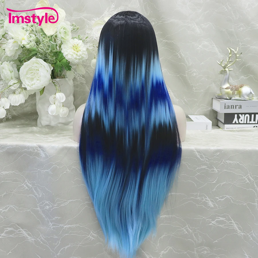 Imstyle Synthetic Lace Front Wig Ombre Balck Blue Wig Long Lace Wig Straight Hair Two Tone Heat Resistant Cosplay Wigs For Women