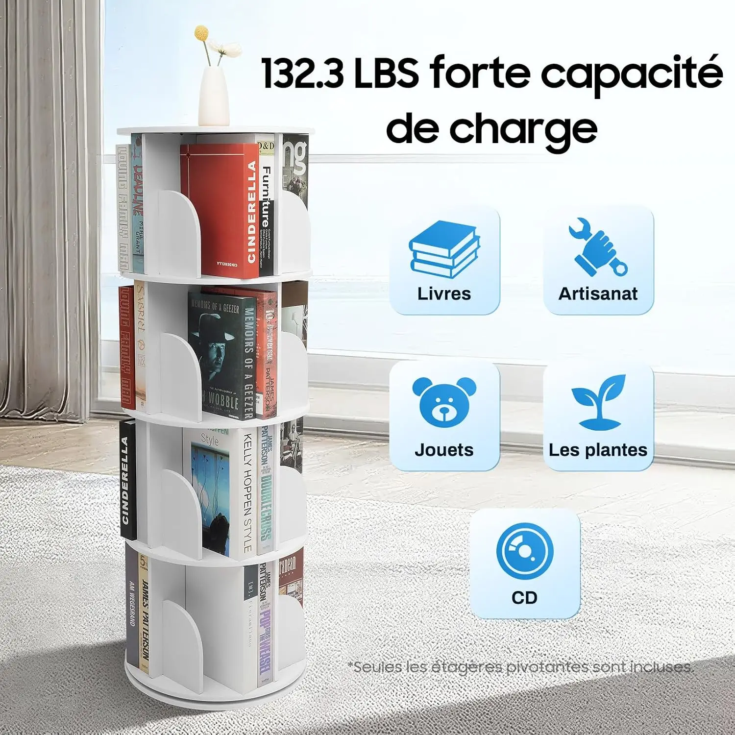 4-Tier Rotating Bookshelf 360 Revolving Round Carousel Vertical Spiral Corner Organizer Study Bedroom Living Office, Customized