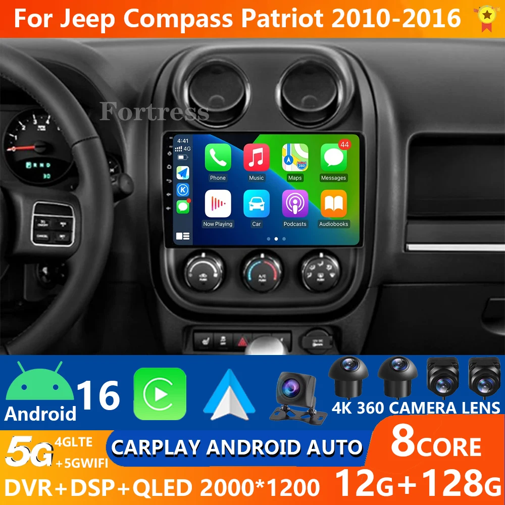 Android 16 Radio del coche para Jeep Compass Patriot 2010 - 2016 Carplay Auto reproductor de vídeo Multimedia unidad principal WIFI 4G GPS NAVI QLED