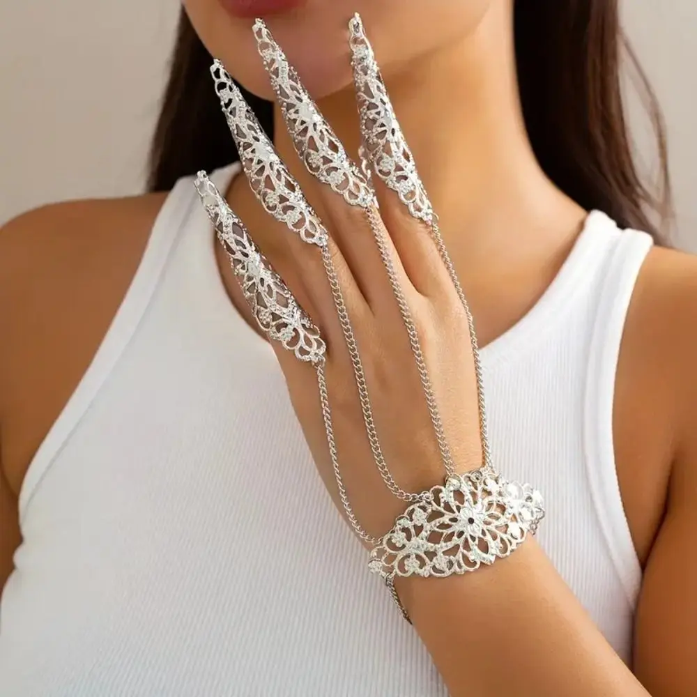 Tapered Nail Chain Exaggerated Gothic Bracelet Hollow Out Flower Mittens Bracelet Punk Tassel Finger Nail Ring Bracelet Party