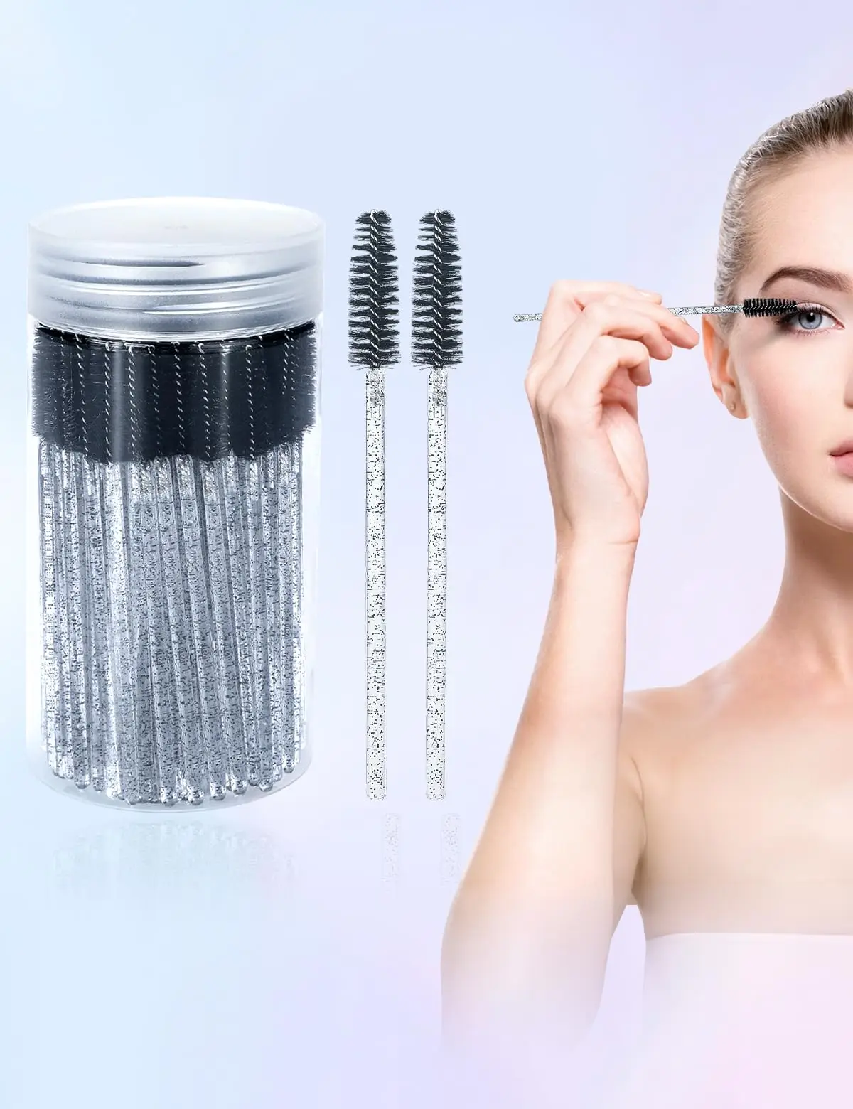 Brosse à cils 100 pièces, baguettes de Mascara réglables pour femmes, bobine de cils en cristal, brosse à sourcils avec récipient pour le maquillage