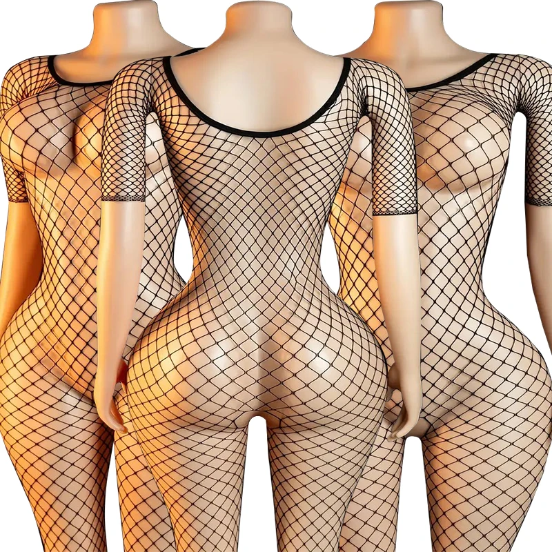 Fishnet Sheer Teddy Bodysuits Erotic Crotchless Lingerie Women Mesh Hollow Bodystockings Sexy Off Shoulder Full Teddies Bodysuit