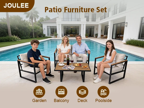 Cozy Backyard Outdoor Seating Group, Sturdy Metal Frame Patio Furniture With Plush Cushions, Loveseat, 2 Armchairs And Faux‑Wood Coffee Table, Customizable Layout Conversation Furniture, 4‑Pieces For Terrace, Yard, Garden, Balcony