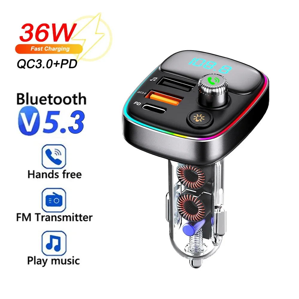 Bluetooth 5.3 FM Transmitter Handsfree Car Radio Modulator MP3 Player With 36W PD QC3.0  Quick Charge Adapter Colorful Lights