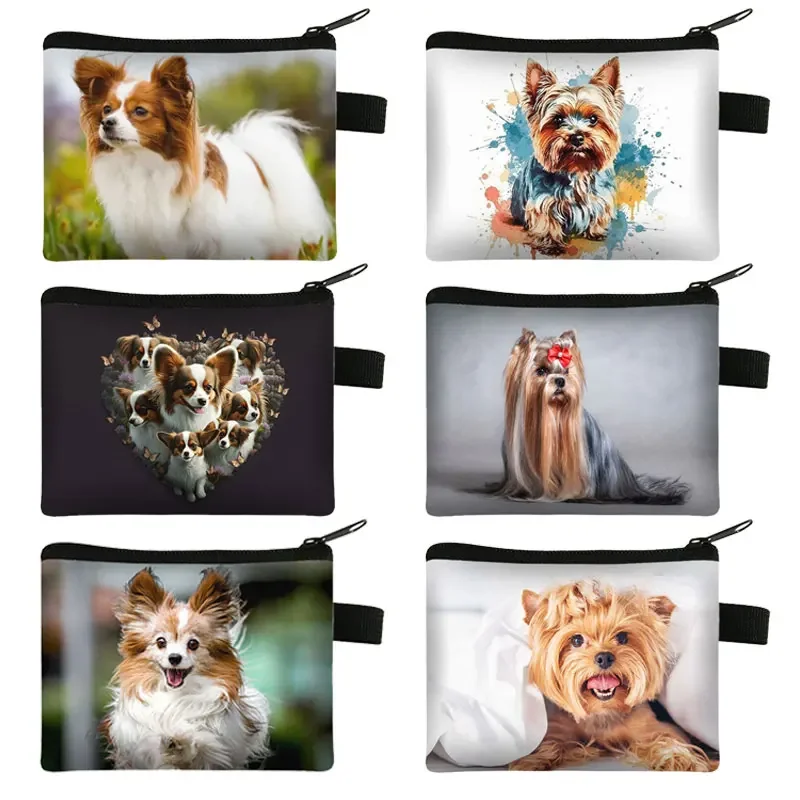 Adorable Papillon Dog Coin Purse Kawaii Yorkshire Terrier Dog Wallet ID Credit Card Key Earphones Holder Coin Bag Zipper Pouch