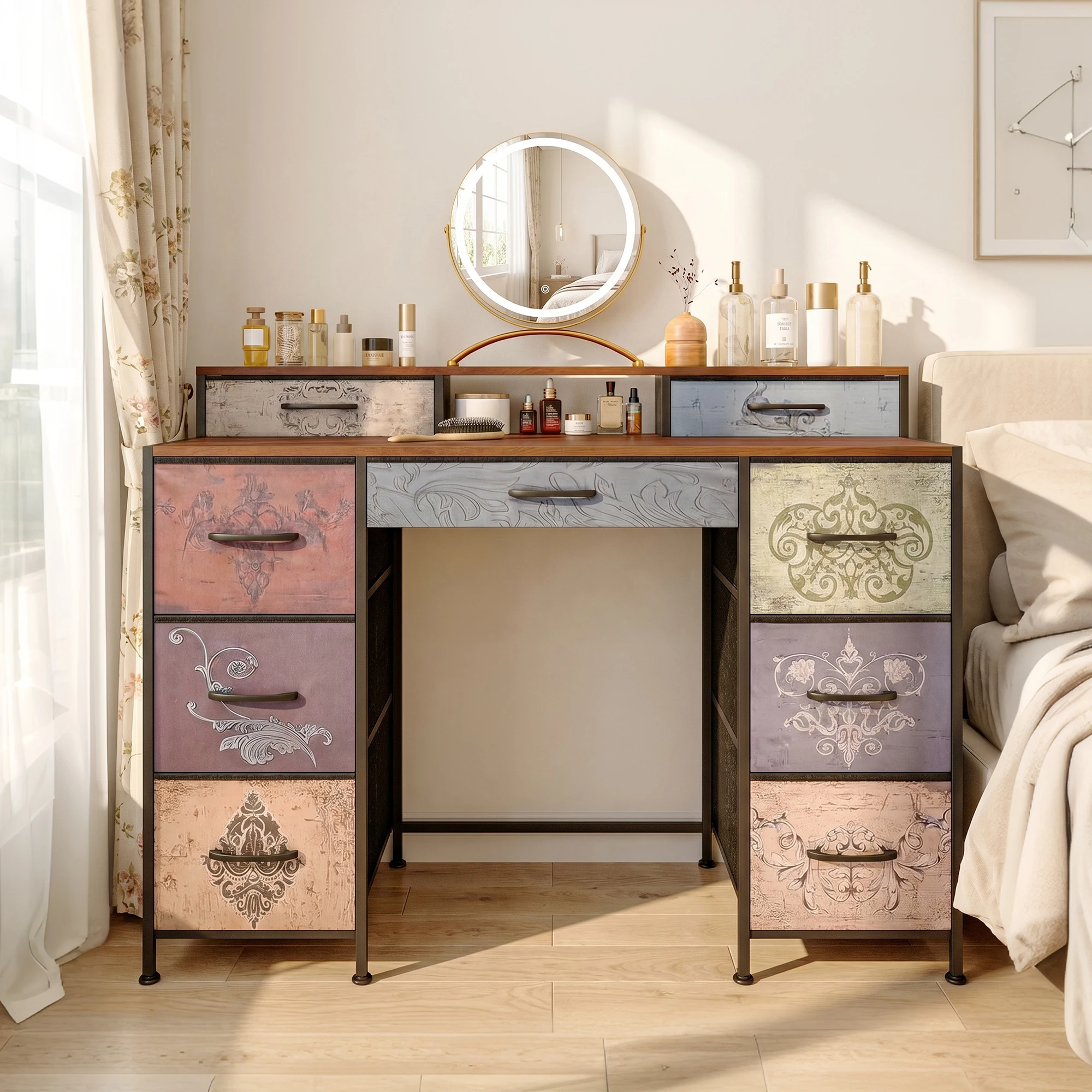 Coiffeuse Rosahqnda, bureau, vitrine à cosmétiques, table de rangement, plusieurs tiroirs, structure en métal, pieds réglables, plateau en bois, convient aux chambres, salons et dressing.