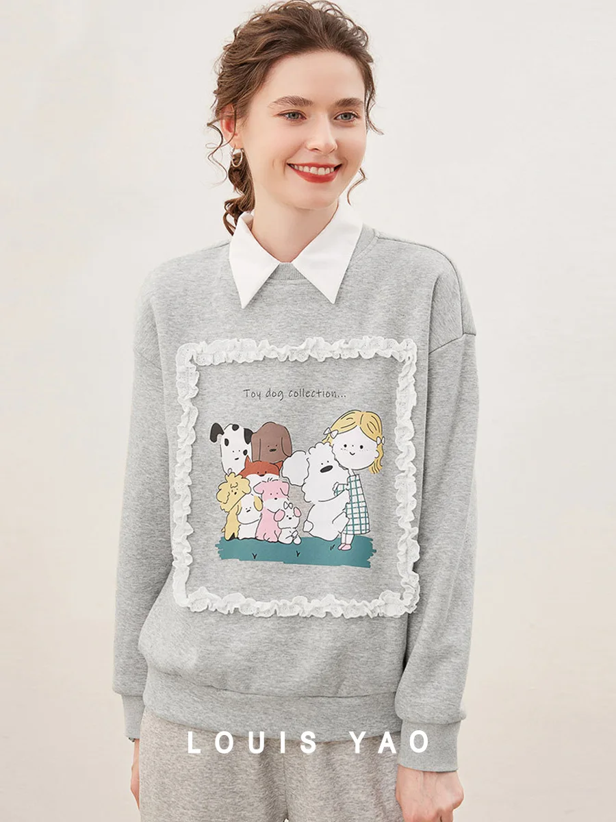 LOUIS YAO 2025 Winter Thick Velvet Printed Winter Edition Loose Off Shoulder Sleeves Micro Elastic Round Neck Women's Hoodie