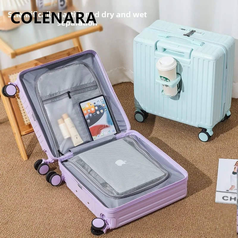 COLENARA Suitcase Front Opening Laptop Boarding Case 18 Inches USB Charging Multi-function Trolley Case Students Small Luggage