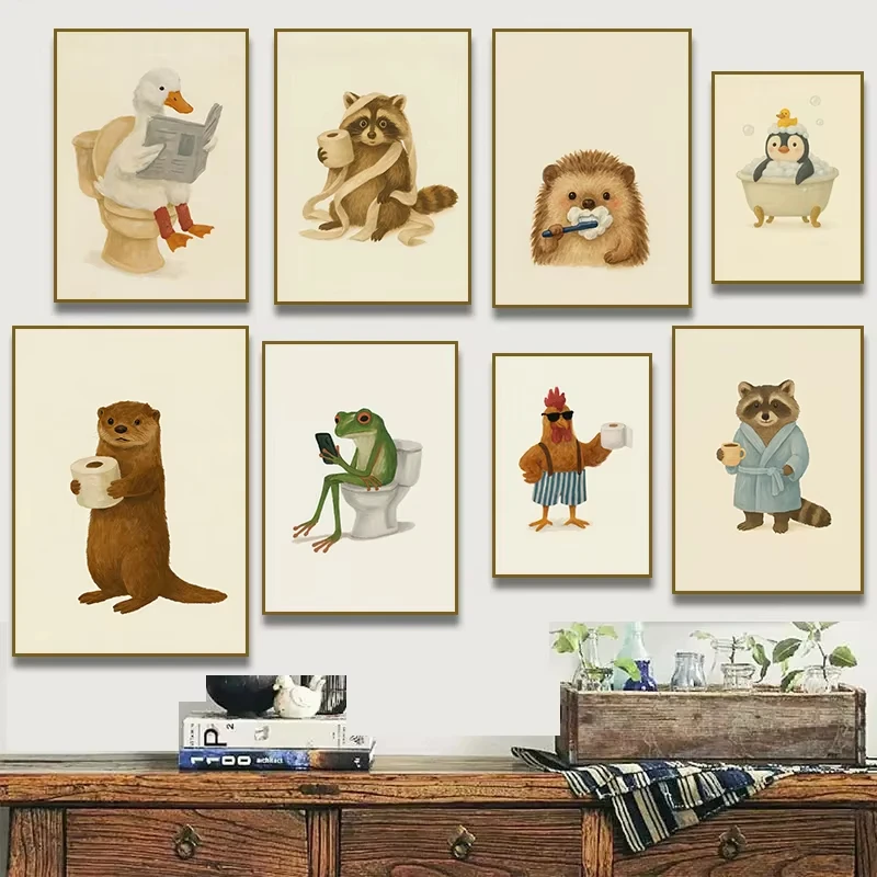 1PC frameless decorative art print,Funny Otter Toilet Paper Duck Reading on Toilet Poster Raccoon Animal Wall Art Bathroom Canva