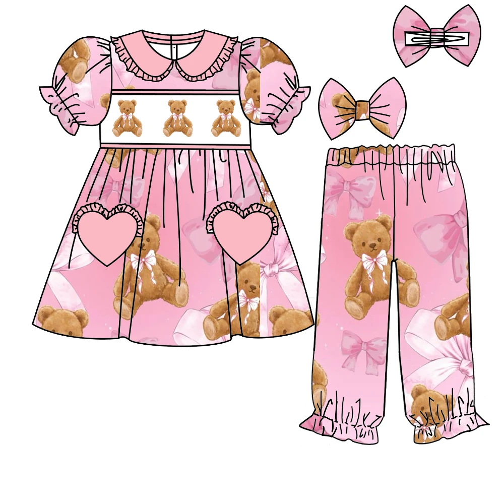 New hot selling boutique children's suit lapel lace short sleeve elastic bear bow printed trousers girls pajama set