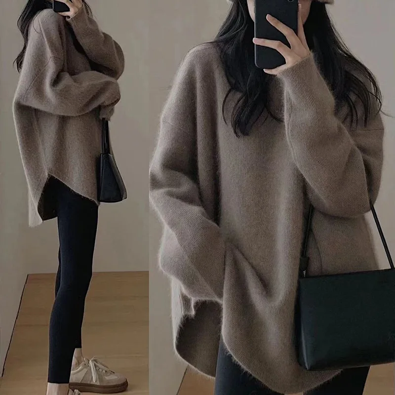 

Solid Color Sweater For Women, Autumn Winter New Korean Loose And Lazy Style, Round Neck Pullover, Fashionable Knitted Base