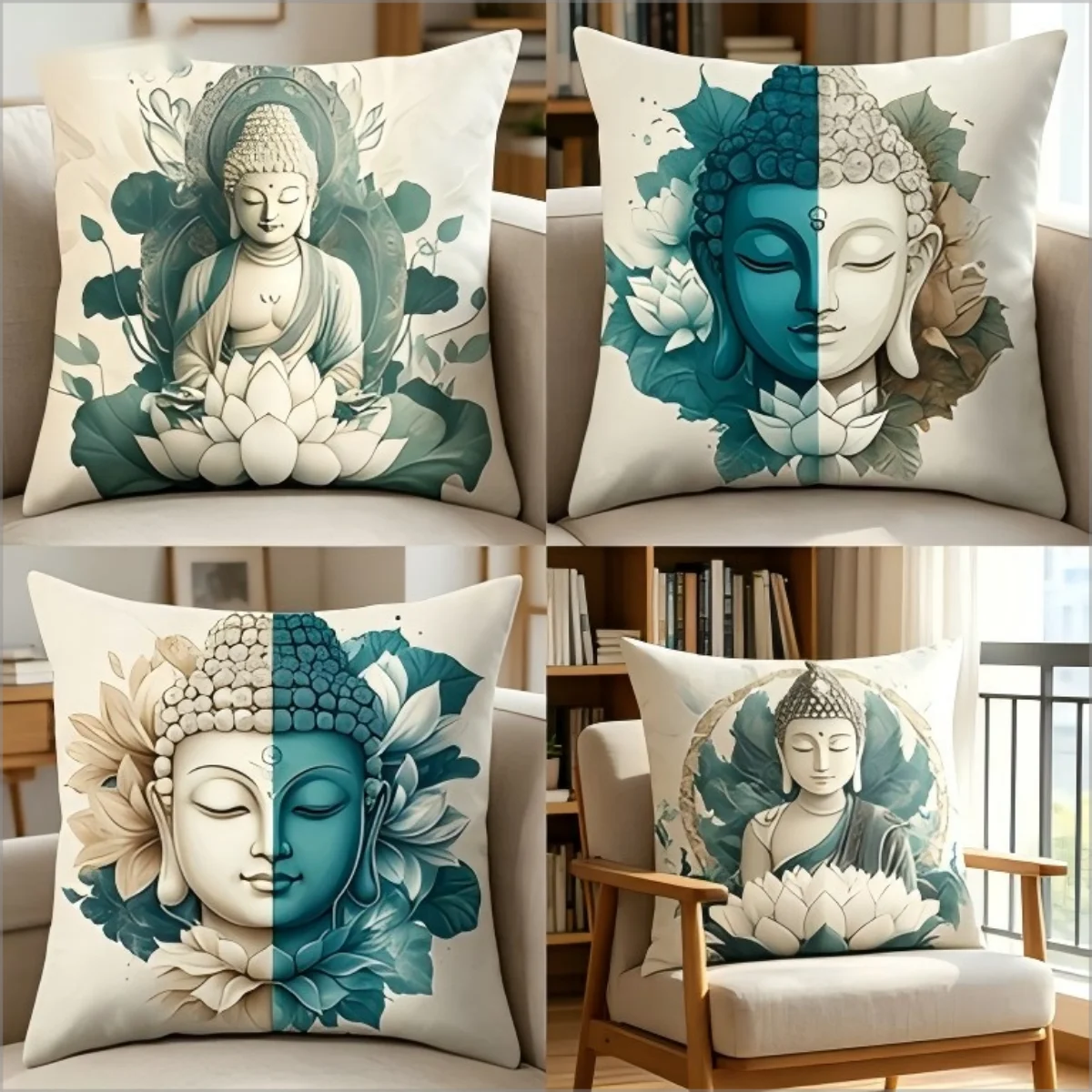 Zen Buddha Lotus Print Pillow Cover Spiritual Boho Cushion Case for Yoga Meditation Room Home Decor