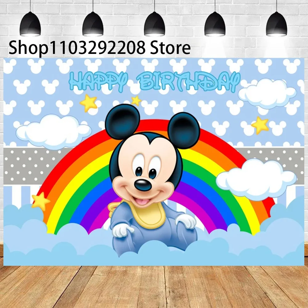 ﻿ Cartoon Blue Baby Mickey Minnie Mouse Theme Children Happy Birthday Background Baby Shower Gender Revealing Photography Banner