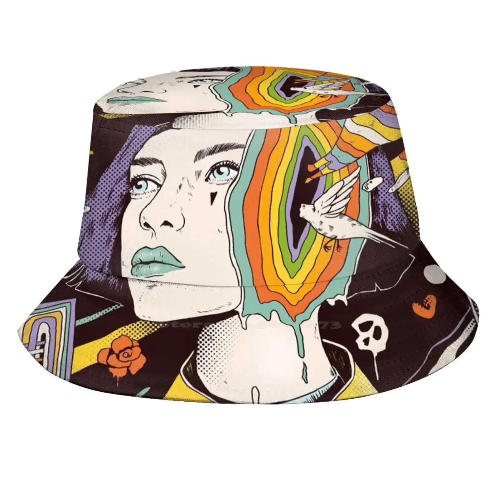 The Overthinker Unisex Fisherman Hats Bucket Hats Dream Mind Memory Rainbow Nature Surrealism Skull Death Existence Girl Comics