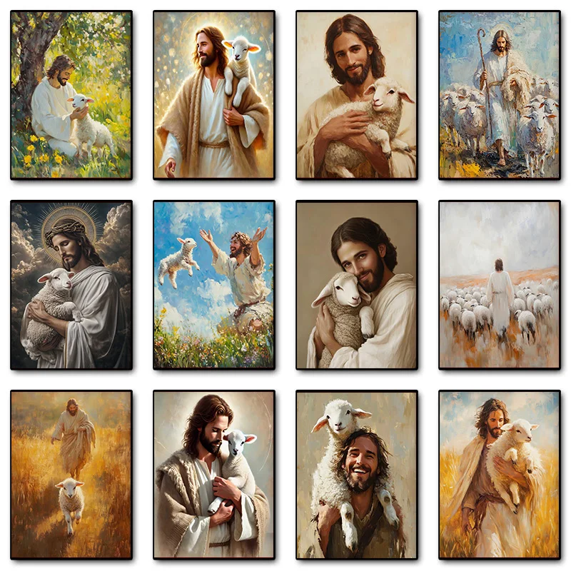 FramelessChristian Crucifixion Jesus & Lamb Meditating Mother Mary Poster Print Wall Art Pictures Canvas Painting Living Room Ho