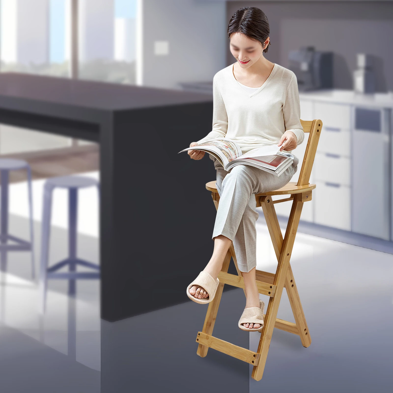 Bamboo Bar Stool Foldable Portable Chair Environmentally Friendly Counter Height Barstools Space Saving W/Back  X-shape Bracket