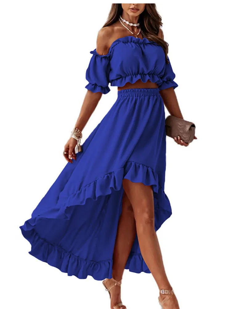 Summer Solid Top Ruffles Dress 2 Piece Set Women Fashion Slash Neck Sets Casual Elegant Holiday Party Female 2 Piece Set New