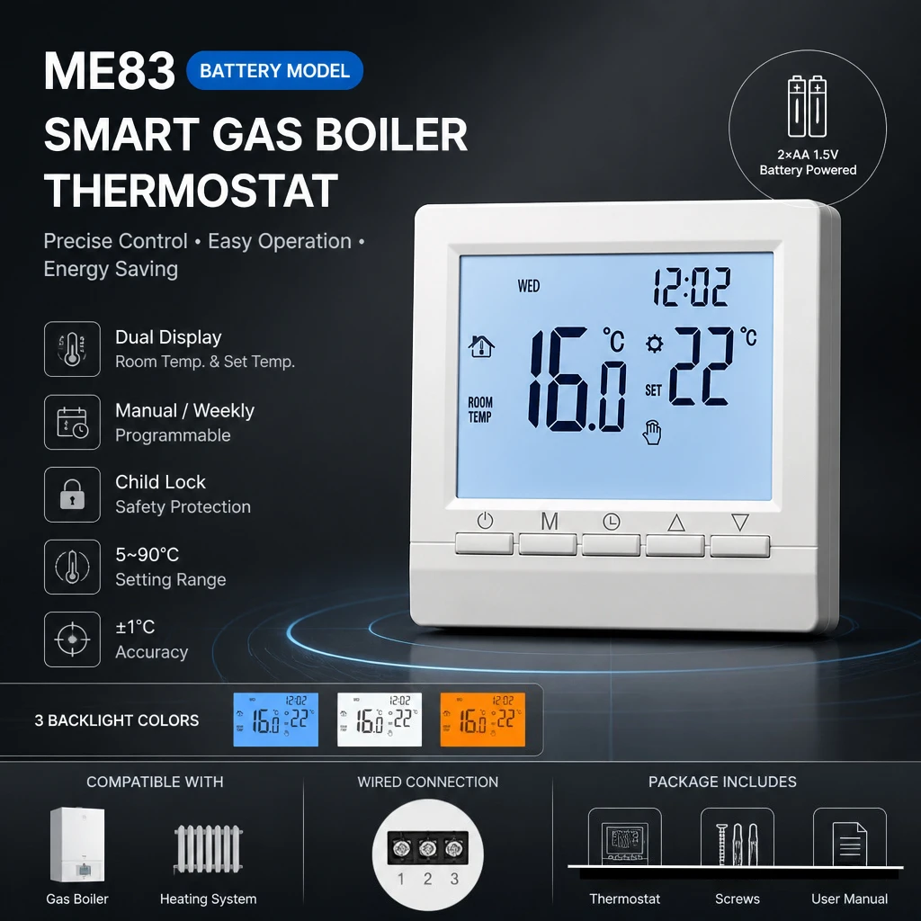

VONTOOL ME83 Gas Boiler Thermostat Battery Operated LCD Programmable Heating Controller with 3 Color Backlight