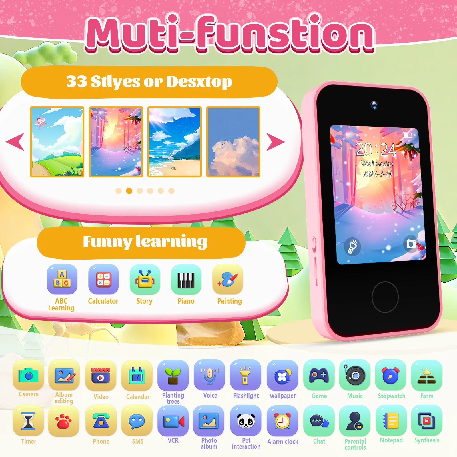 kids smartphone with dual cameras, kids' camera, 1080p video recording, educational games, torchlight and more – pony design