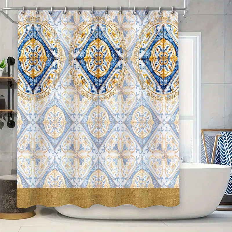 

Занавеска для душа в винтажном стиле с умеренными золотисто-синими геометрическими узорами идеально подходит для современного декора ванной комнаты Добавьте элегантность и