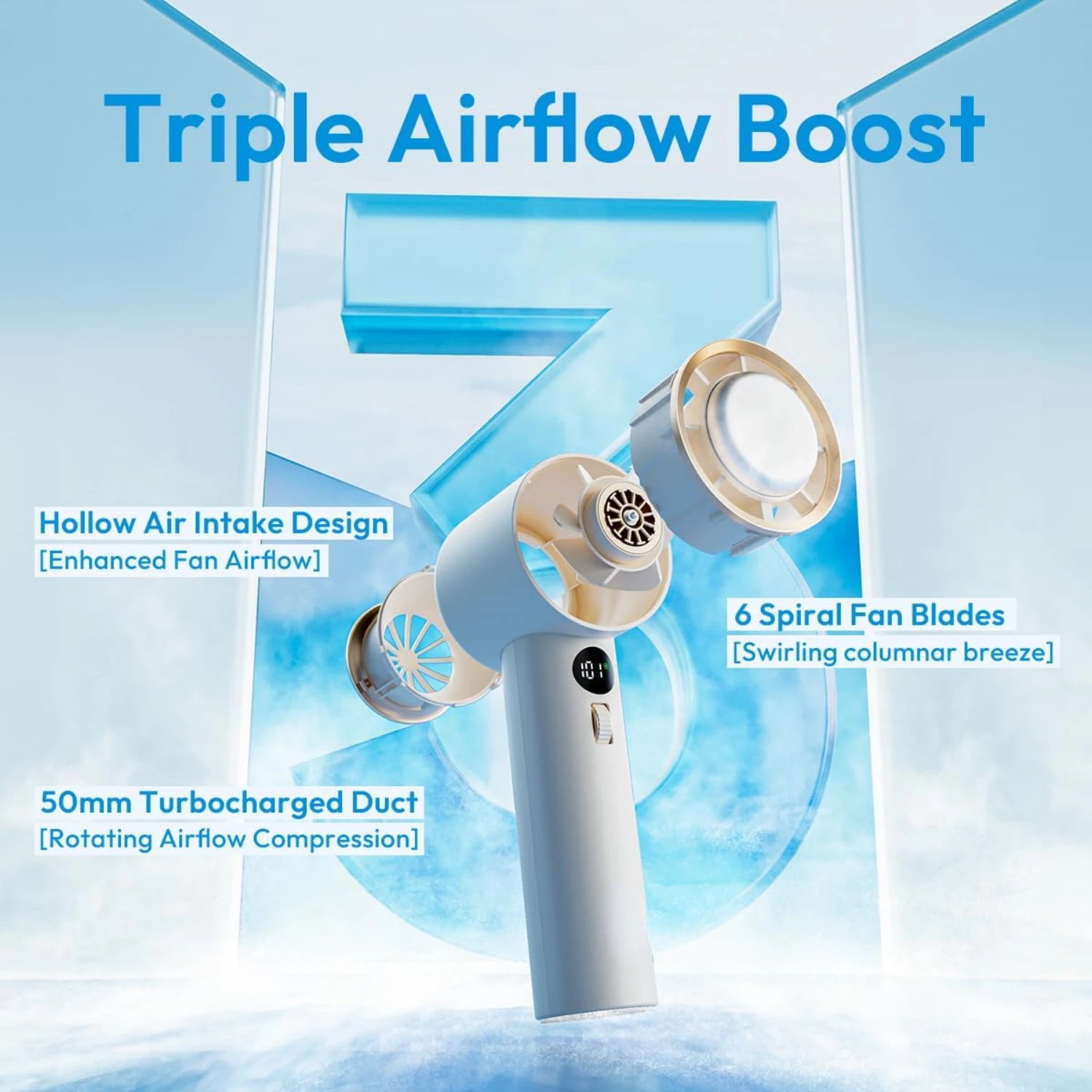 พัดลมมือถือแบบพกพาแบบชาร์จไฟได้พร้อมดีไซน์เทอร์โบ - เหมาะสําหรับผู้ชายและผู้หญิงขณะเดินทาง - เหมาะสําหรับการตั้งแคมป์และการใช้งานกลางแจ้ง