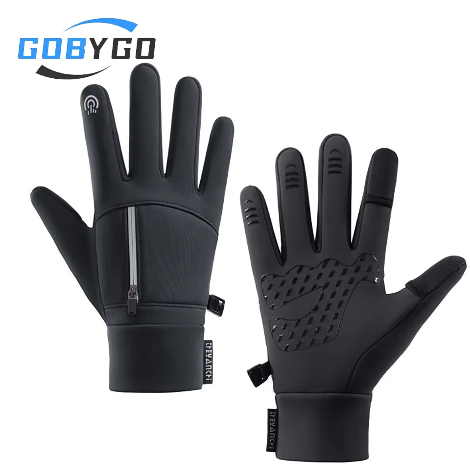 GOBYGO Winter Warm Padded Ski Gloves Zipper Touch Screen Windproof Waterproof Sports Gloves Mountain Climbing Running Cycling