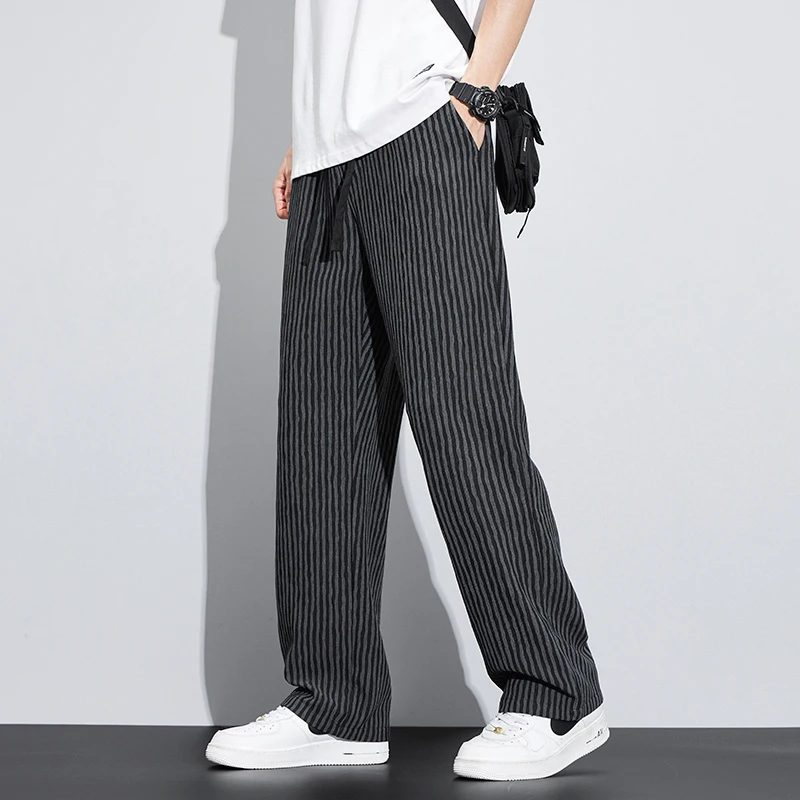 Spring Summer Stripe Casual Pants Men Wear Loose Straight Wide Leg Drawstring Elastic Waist Pant Jogger Trousers Male Streetwear