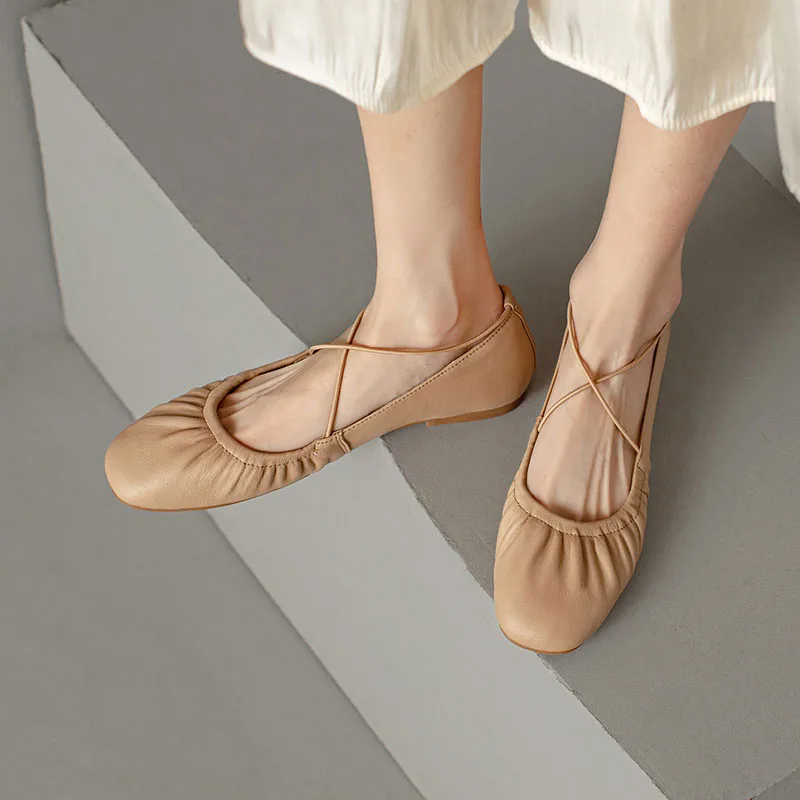 Elegant Women Shoe Ballet Flats Soft Leather and Sole Casual Shoes Lady Square-toe Pumps Crossover Elastic Bands Mary Jane Shoes