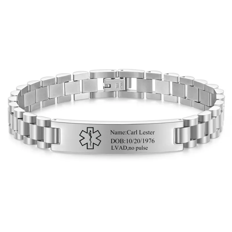 Personalisierte Notfall-Armbänder für Damen und Herren, individuell gravierte medizinische Alarminformationen, medizinische ID-Armbänder aus Edelstahl – Detail 13