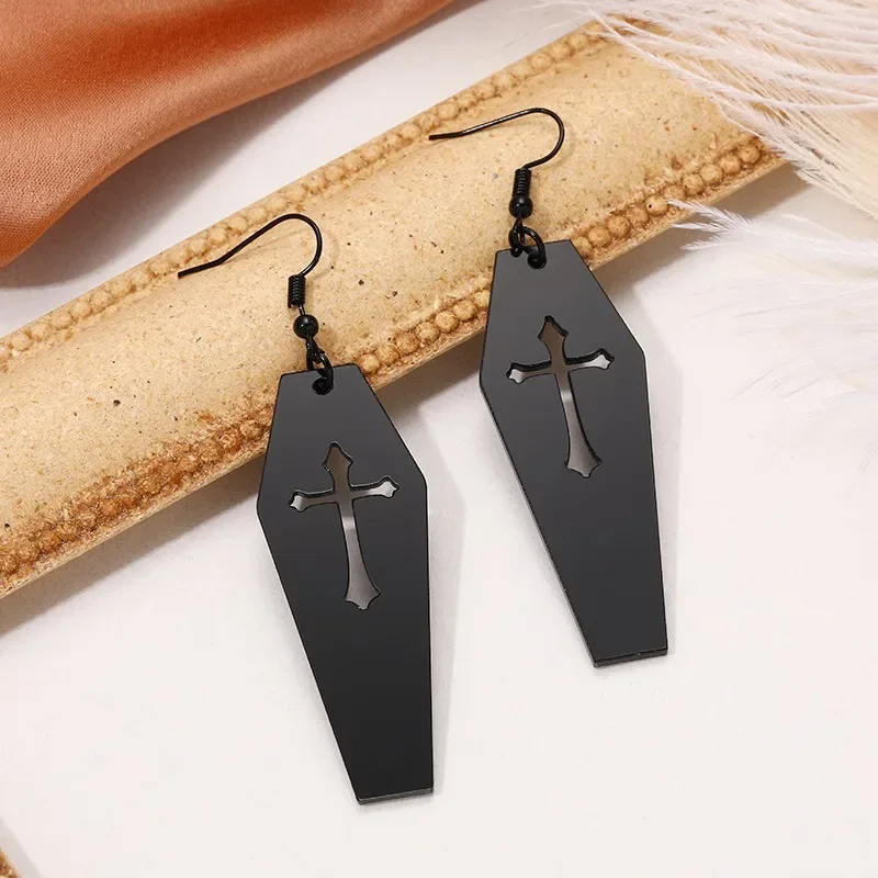 Gothic Death Cross Cutout Vampire Coffin Earrings for Women 2024 New Goth Punk Black Color Jewelry Y2k Accessories Party Gifts