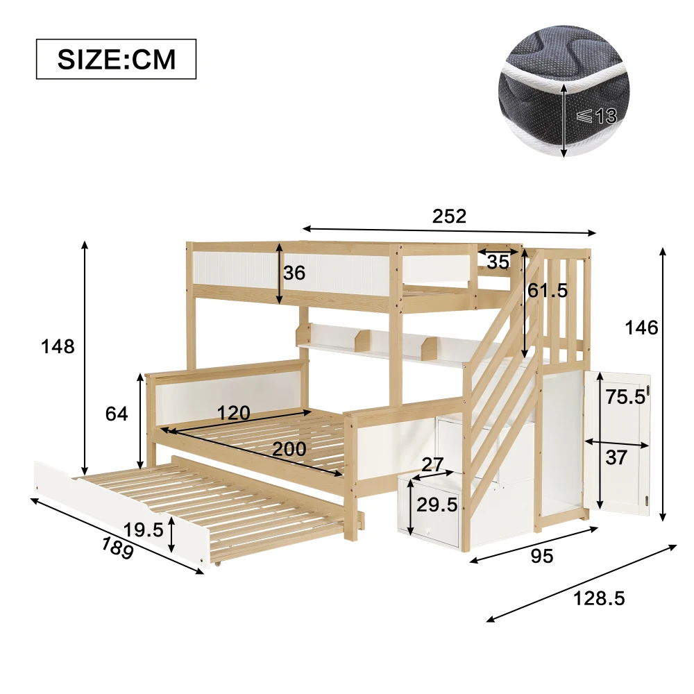 PINGGO Etagenbett 90x200/90x190/120x200cm mit Fallschutzgitter, 3-stöckiges Rollbett mit Kleiderschrank und Eck-Treppe, ohne Matratze – Detail 7