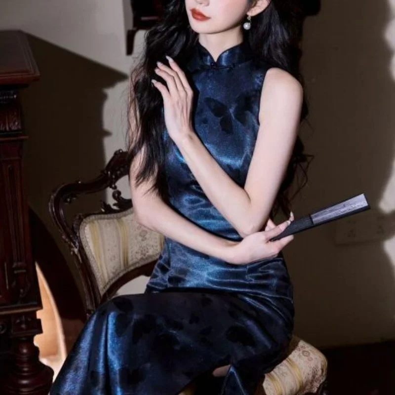 Women Sexy Qipao Satin Print Animal Mandarin Collar Cheongsam Vintage Button Elegant Vestidos Slim Sleeveless Chinese Dress