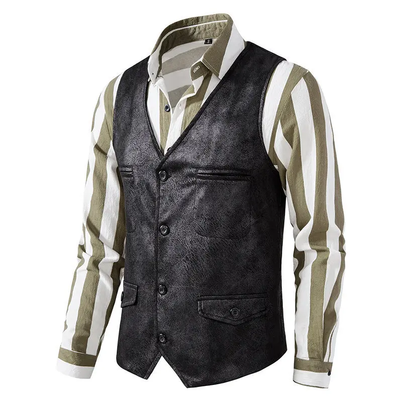 KIDWHXR Man Vest Vintage Solid Single-breasted Male Waistcoat Slim V-neck Sleeveless Business Casual Versatile Men Suit Vest