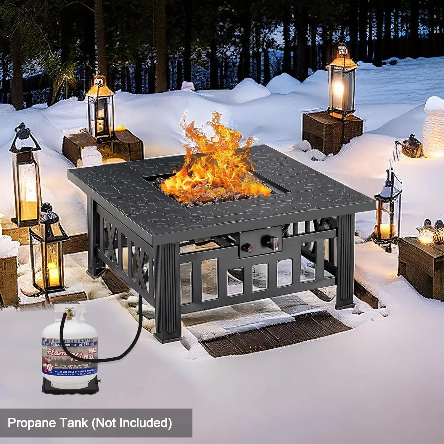 Outdoor Patio, Backyard, Party Use, Steel, Adjustable Flame, 50,000 BTU 30 Inch Square Propane Fire Pit with Lid and Lava Rock