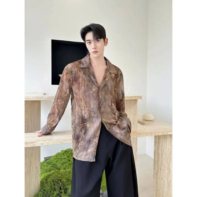 

Vintage Men's Shirt Spring New High Quality Luxury Tie-Dye Men Casual Shirts Long Sleeve Turn Down Collar Embroidery Blouse Male