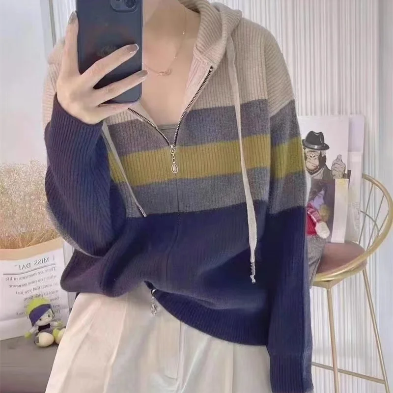 Korean Fashion Autumn New Sweaters Women\'s Hooded Striped Contrast Color Double Zipper Elegant Long Sleeve Cardigan Knitted Tops