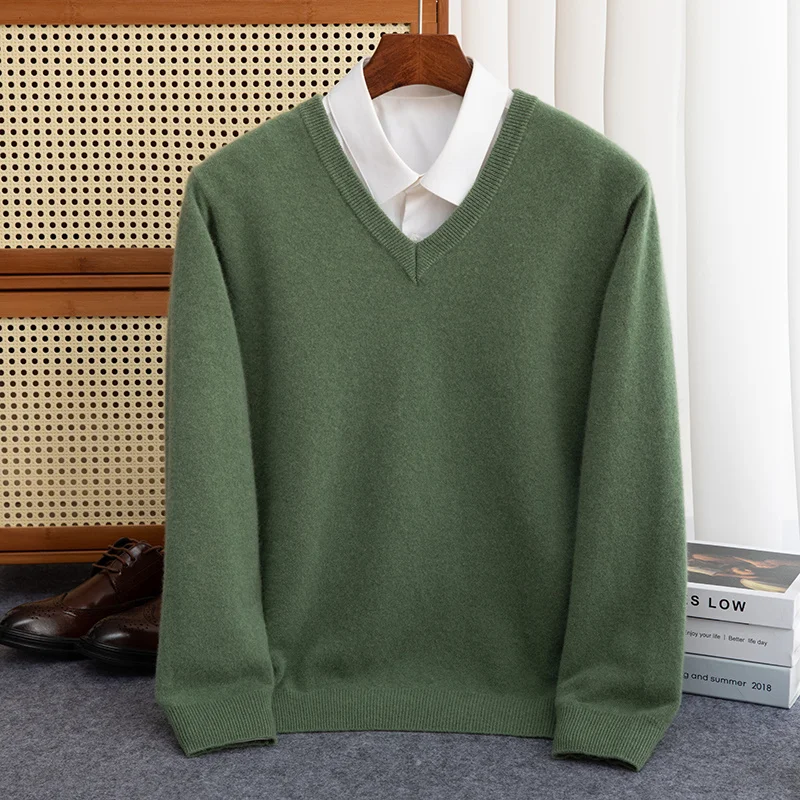 Autumn And Winter New Men's V-neck Solid Color Wool Pullover Loose Plus Size Sweater Casual Knitting Bottoming Shirt