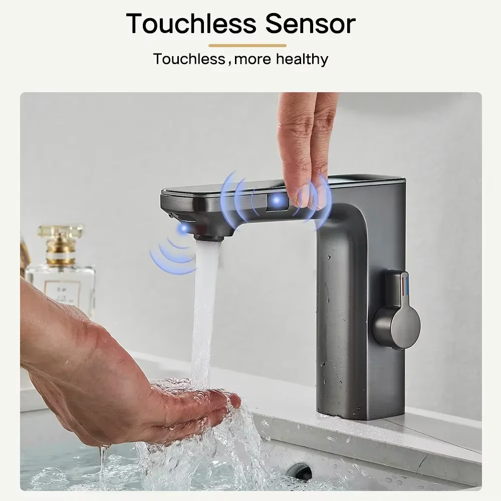 Touchless Sensor Kraan Wastafel Kraan Messing Slimme Digitale Display Badkamer Wastafel Kraan Warm Koud Water Mengkraan Batterijvoeding