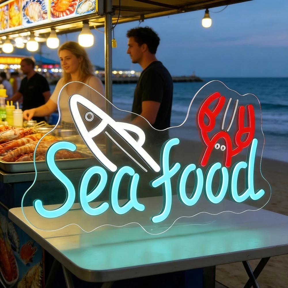 Sea Food LED Neon Light with Crab Fish USB Dimmable Neon Sign for Seafood Restaurant Decor Beach Bar Wall Nautical Theme Gift