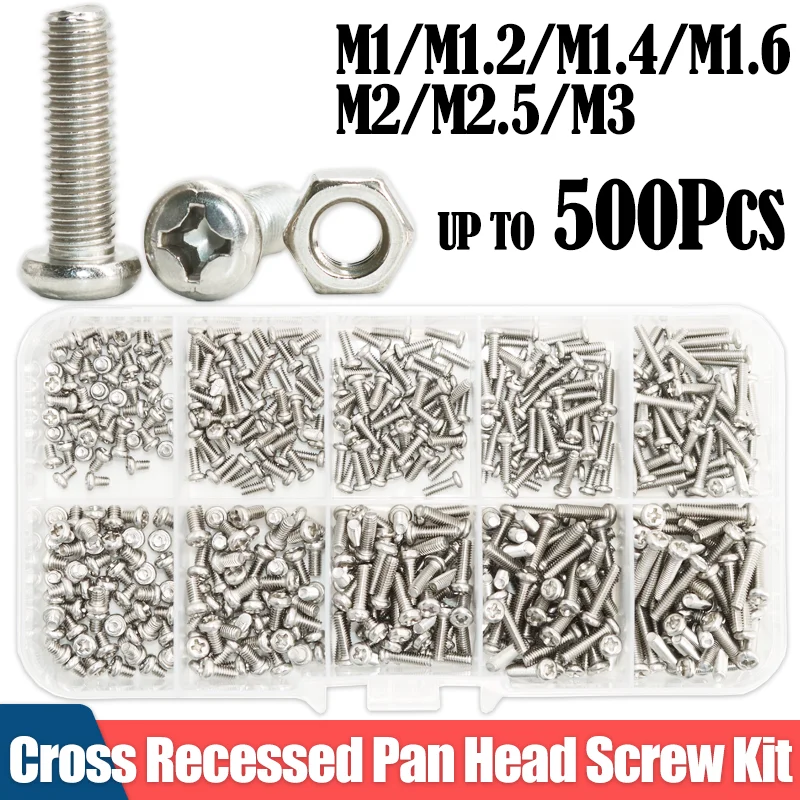M1 M1.2 M1.4 M1.6 M2 M2.5 M3 Machine Screws Phillips Cross Recessed Pan Head Screw 304 Stainless Steel TV Computer Bolt Nut Set