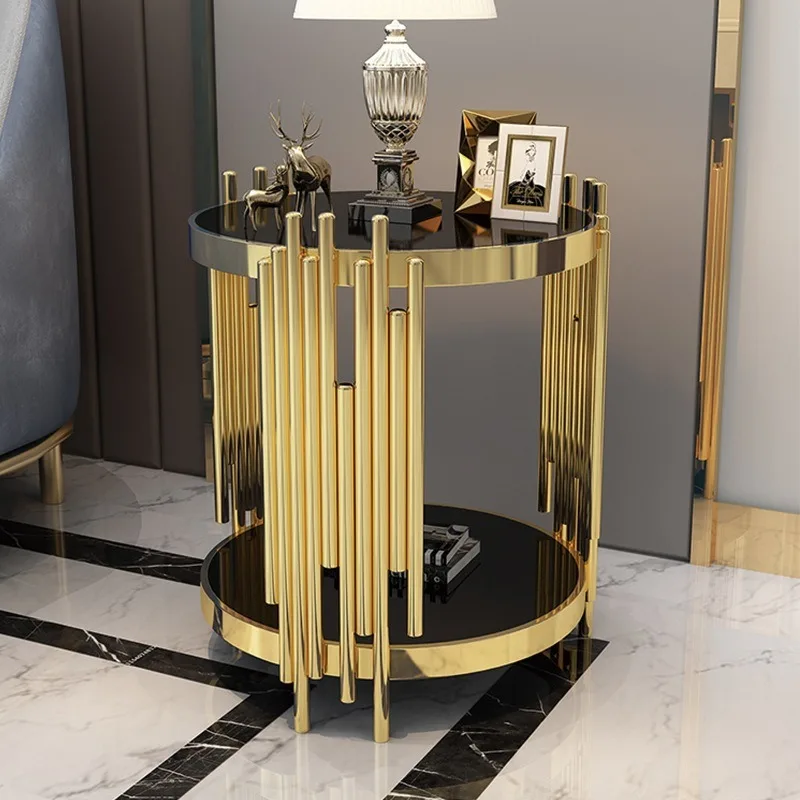 Modern simple apartment living room hotel corner few light luxury gold-plated stainless steel tempered glass round marble edge f
