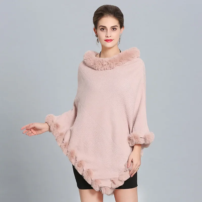 9 Colors Fashion Women Warm Winter Jacquard Weave Poncho Cloak Faux Cashmere O Neck Cape String Fur Triangle Knitted Streetwear