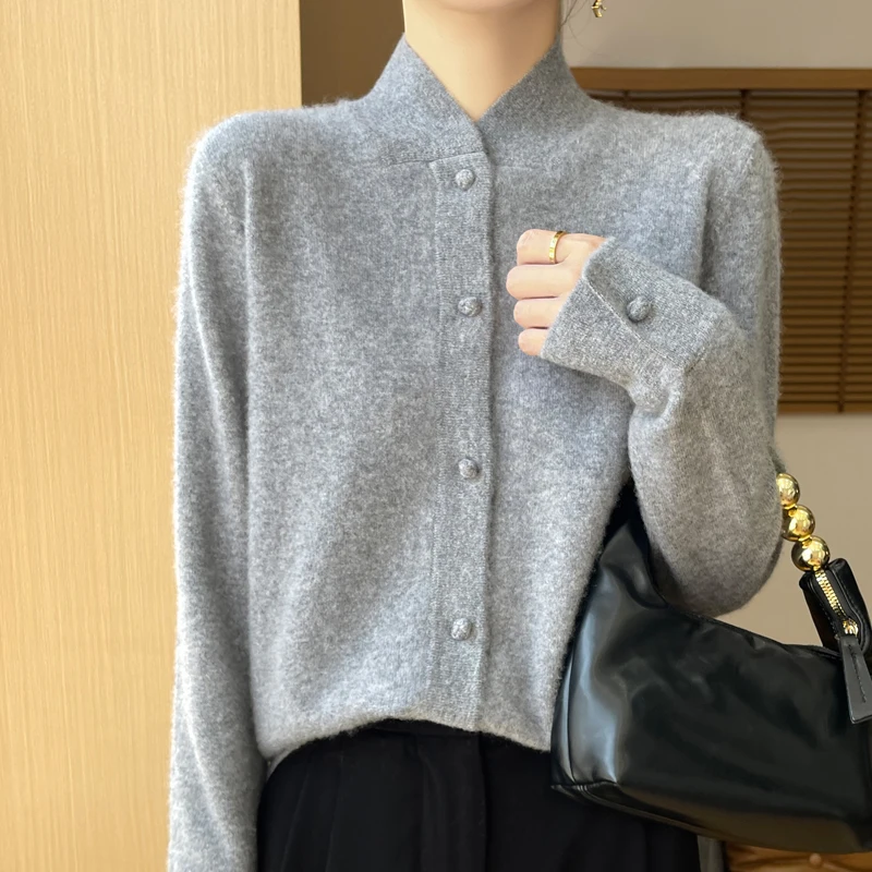 New Chinese Stand Collar New 100% Merino Wool Cardigan Autumn and Winter Vintage Solid Color Sweater Coat Loose Knit Top