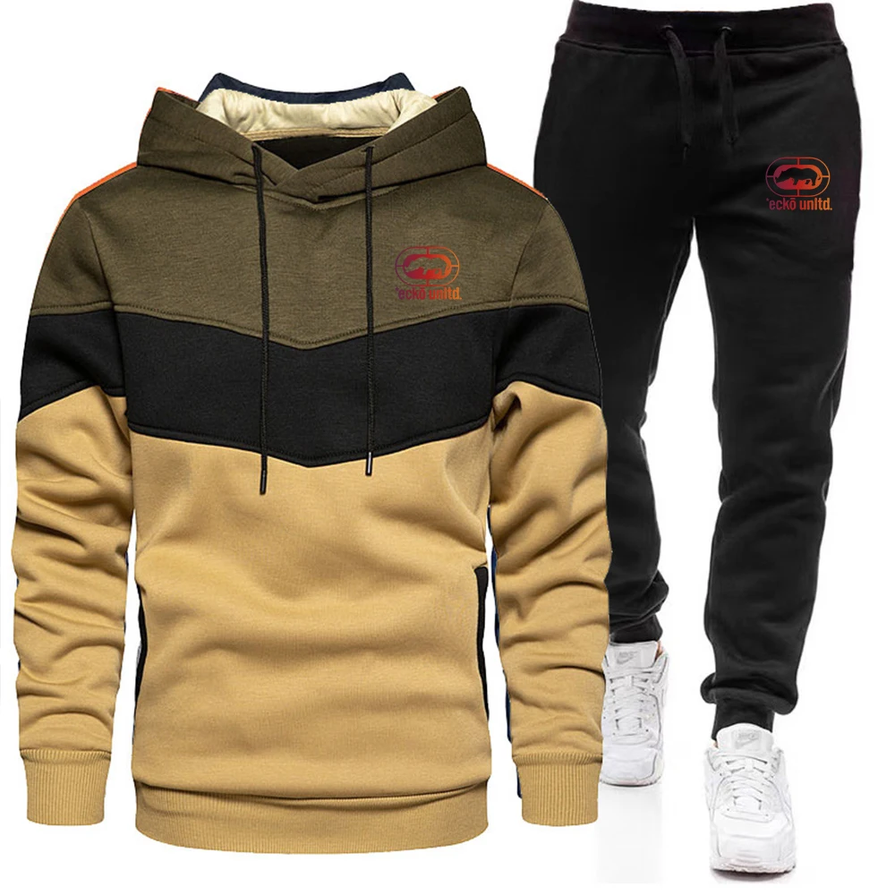 Men's Casual Print Patchwork Drawstring Hoodie & Joggers Set
