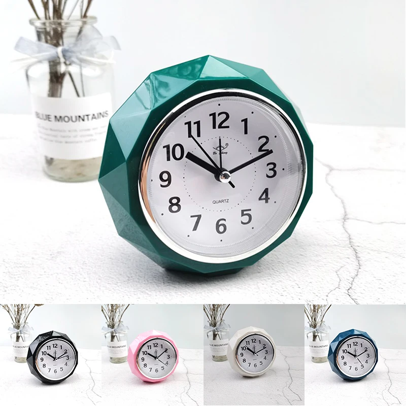 Round Alarm Clock Diamond-Shape Electronic Watch Small Mute Bedside Pointer Clocks Double Bell Silent Desk Table Decor Clock