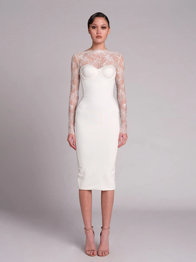 Vestido de noite e de renda sem costas f high-end luxo estilo deusa e moda crimento médio manga longa